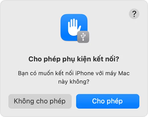 Màn hình máy Mac hiển thị thông báo hỏi quyền kết nối phụ kiện từ thiết bị ngoại vi.