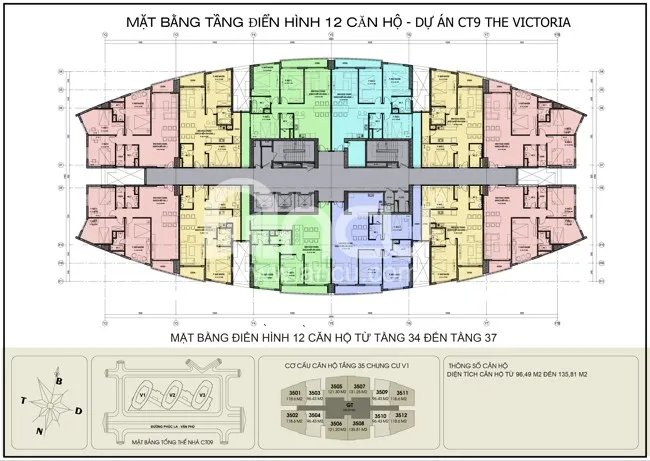 Mặt bằng điển hình căn hộ Chung cư Văn Phú Victoria tòa CT9 (tầng 6-33) với các loại diện tích lớn