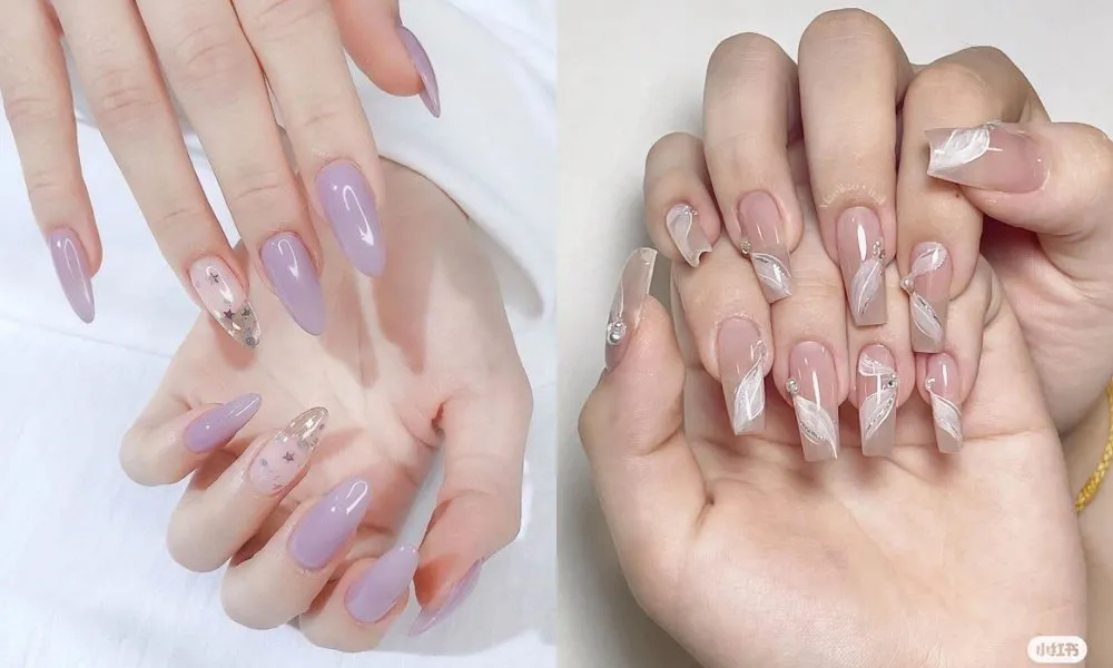 Nail đẹp 2024 hình hoa kết hợp đường kẻ sọc hiện đại và trẻ trung