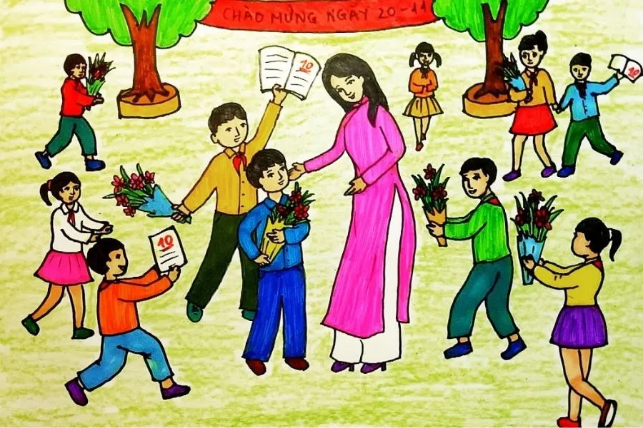 Tranh vẽ học sinh tặng hoa cho cô