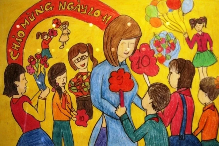 Tranh vẽ cô giáo nhận quà