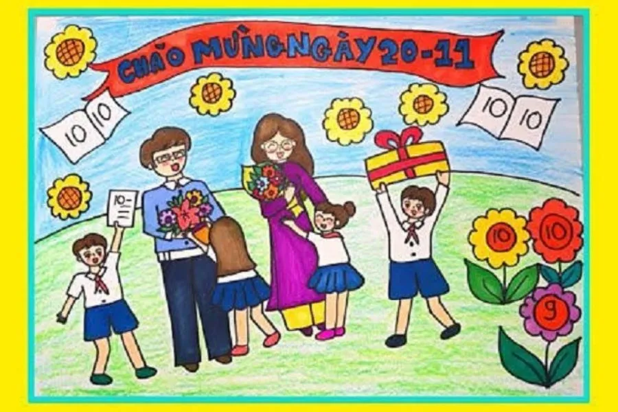 Tranh vẽ thầy cô vui vẻ nhận hoa từ học trò