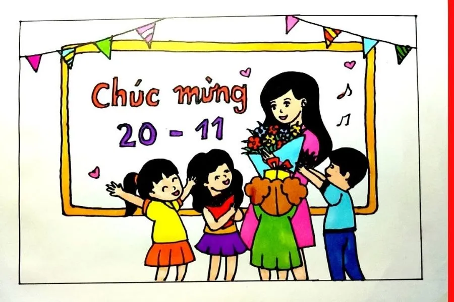 Tranh vẽ học trò tặng hoa