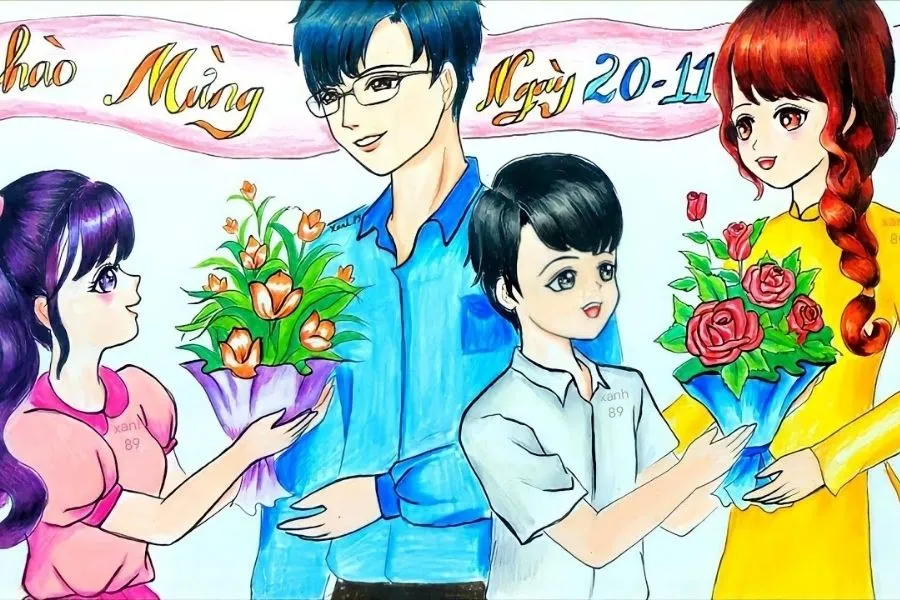 Tranh vẽ thầy giáo trẻ nhận hoa