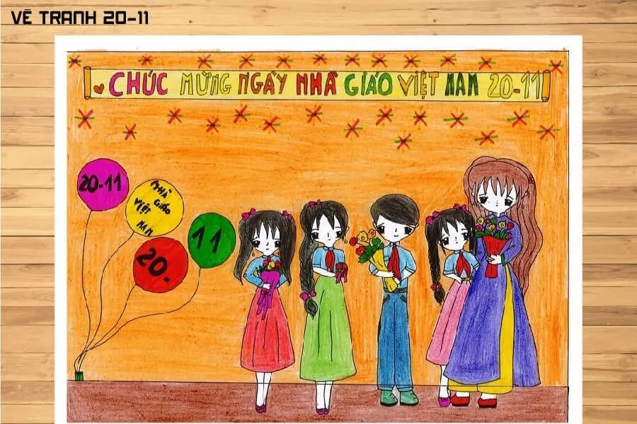 Tranh vẽ học sinh tặng quà cho cô