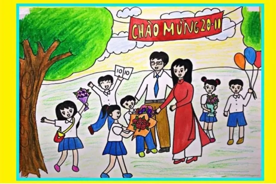 Tranh vẽ thầy cô nhận hoa