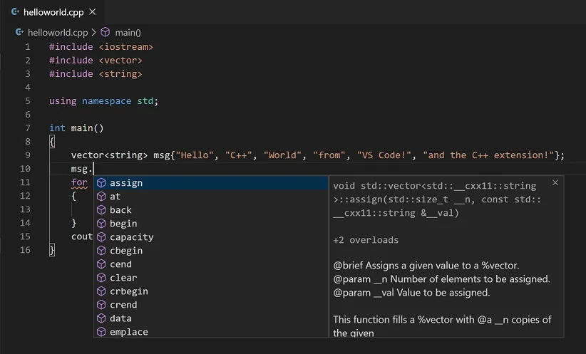 Ảnh minh họa các tính năng hỗ trợ lập trình C++ trên Visual Studio Code