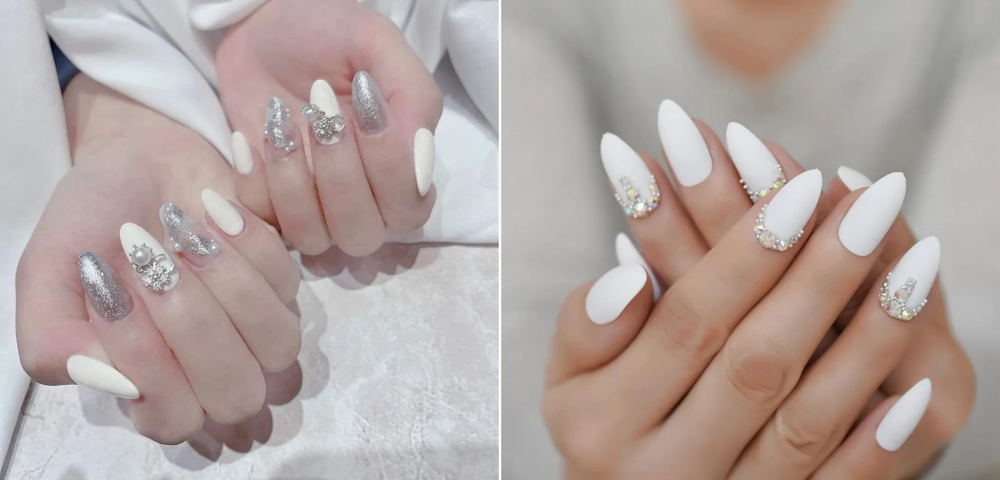 móng tay trắng đính đá sang trọng