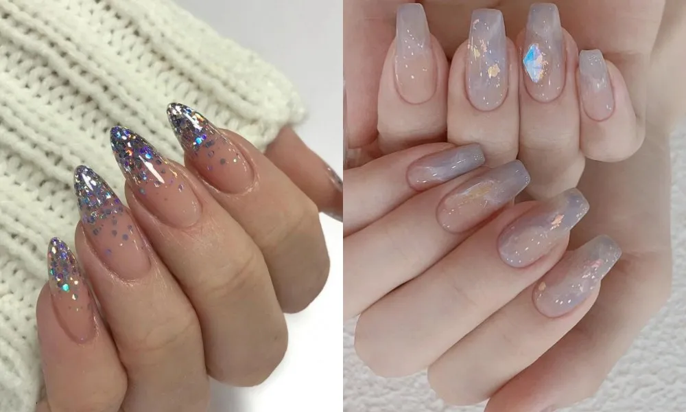 Mẫu nail đẹp 2024 màu nhũ bắt sáng lung linh