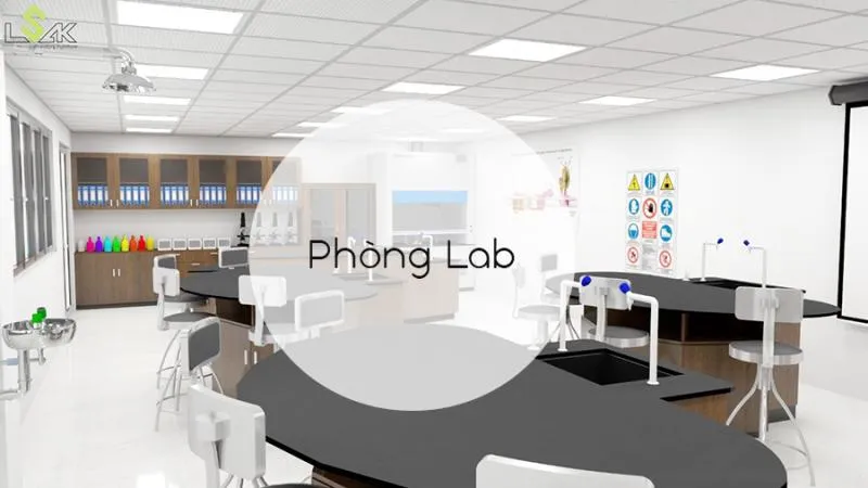 Hình ảnh phòng lab hiện đại với học sinh và giáo viên, thể hiện không gian học tập và sáng tạo theo phương pháp STEAM.