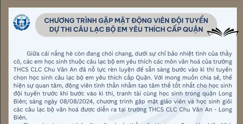 Hình ảnh buổi gặp mặt động viên đội tuyển dự thi cấp quận, một hoạt động cần được truyền thông trên bảng tin lớp học THCS