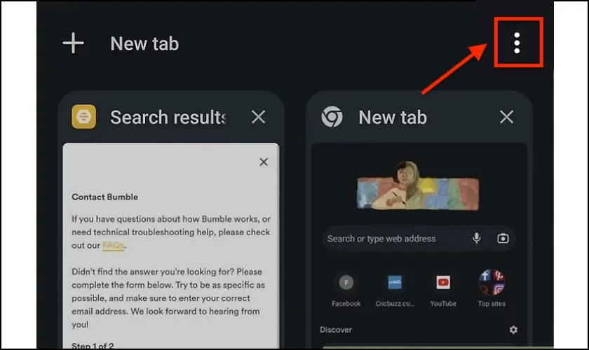 Chọn menu ba chấm và 'Đóng các thẻ ẩn danh' trong Chrome Android