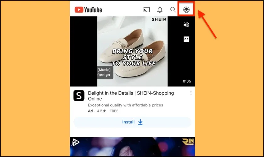 Biểu tượng chế độ ẩn danh trên ứng dụng YouTube di động