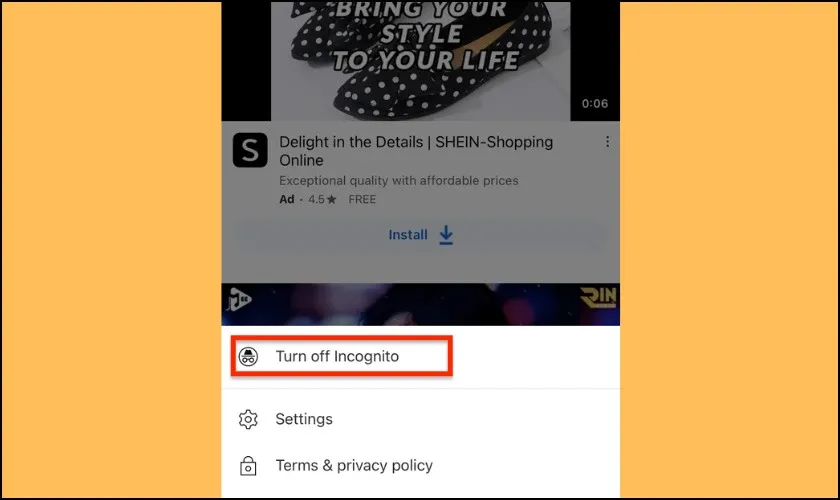 Chọn 'Tắt chế độ ẩn danh' trên ứng dụng YouTube