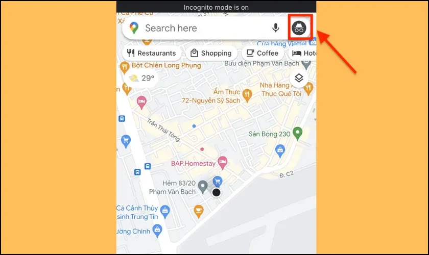Nhấn vào biểu tượng hồ sơ trong Google Maps để quản lý chế độ ẩn danh