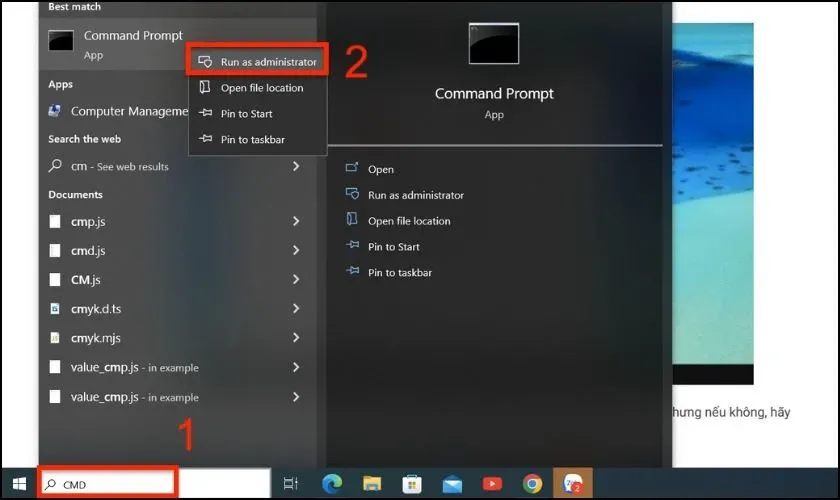 Mở Command Prompt với quyền Administrator trên Windows