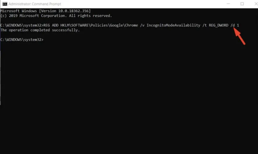 Lệnh sử dụng trong Command Prompt để bật lại chế độ ẩn danh