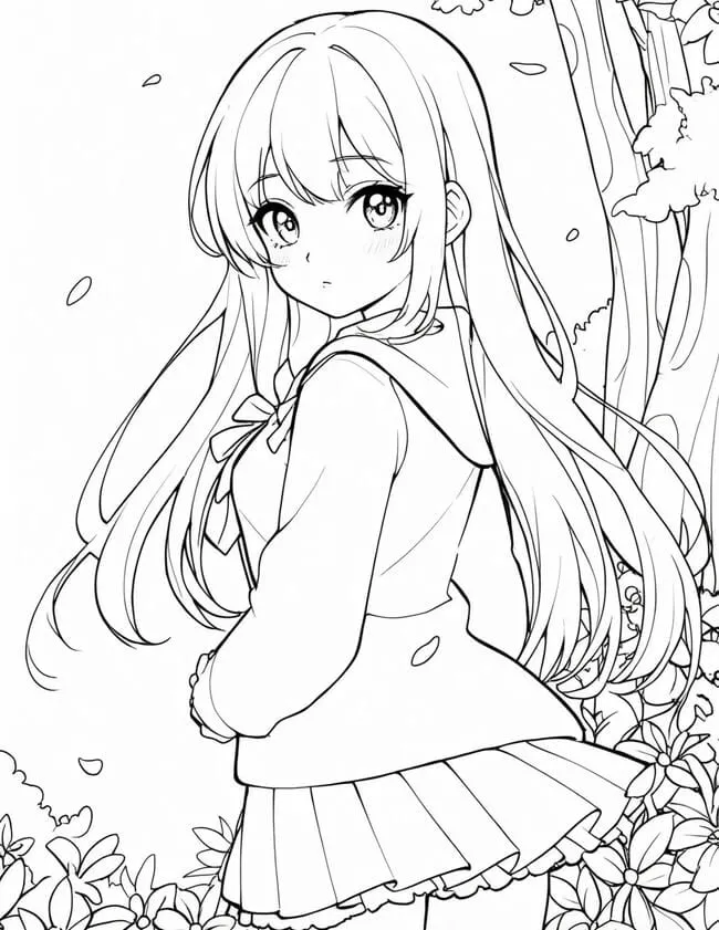 Tranh tô màu nhân vật anime nữ xinh xắn