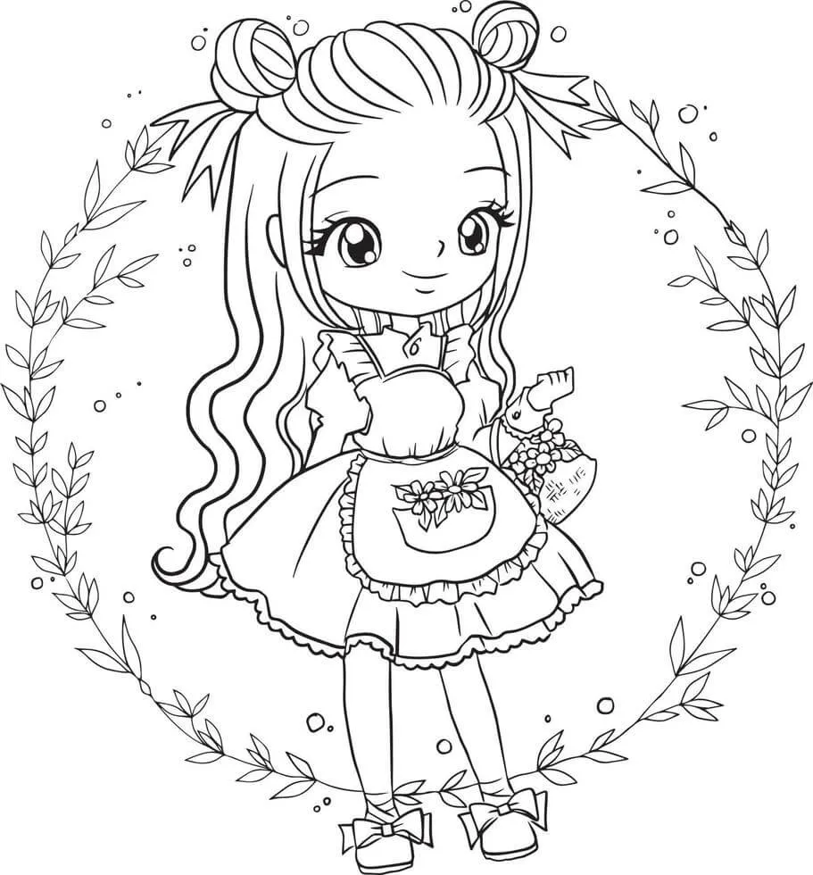 Tranh tô màu chibi cute cô bé và thú cưng