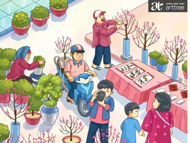 Bức tranh tả cảnh chợ Tết với nhiều hoạt động