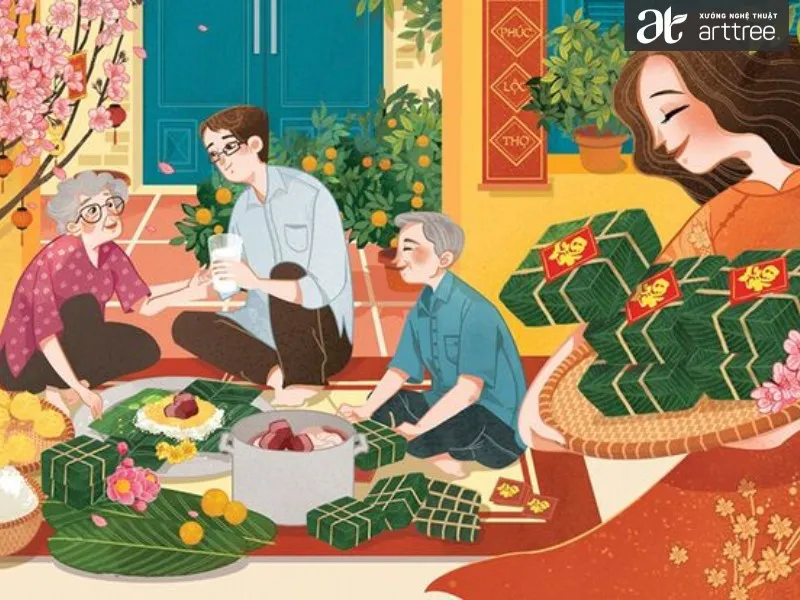 Tranh vẽ chợ Tết tập trung vào cây mai vàng