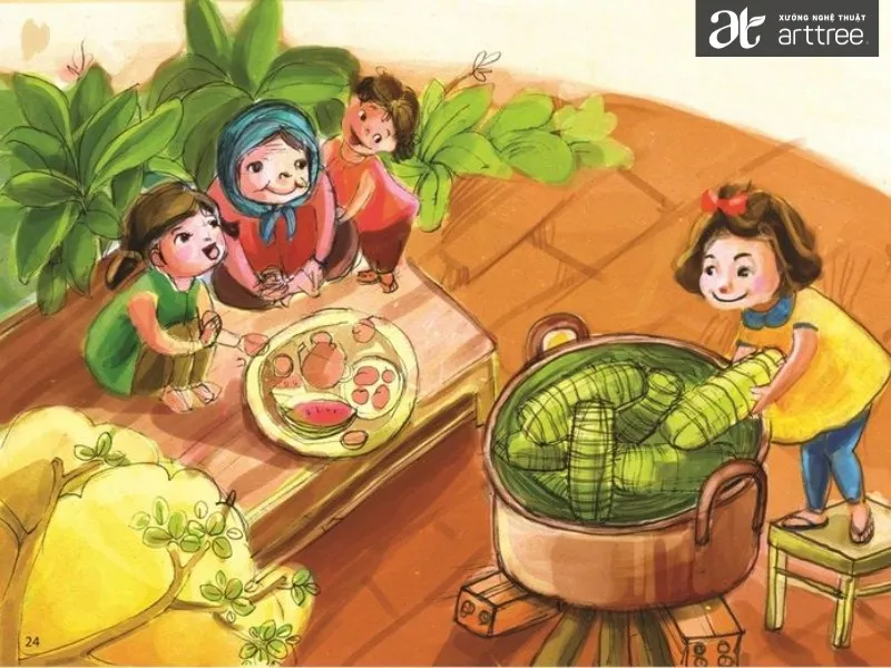Minh họa cảnh chợ Tết với gánh hàng hoa quả