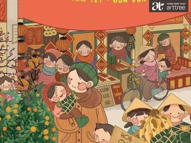 Tổng hợp tranh vẽ chợ Tết đơn giản đẹp của học sinh