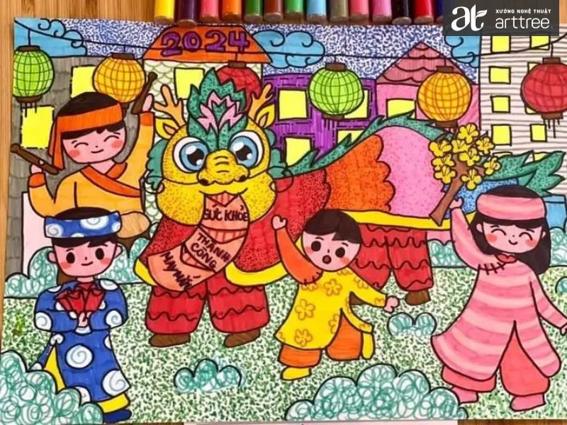 Một bức tranh lễ hội làng với nhiều hoạt động dân gian và màu sắc rực rỡ