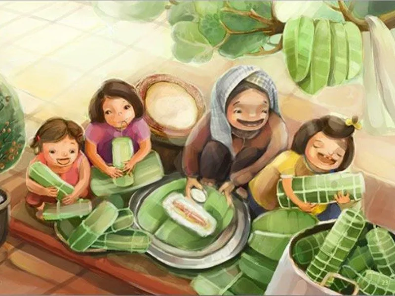 Tranh chợ Tết với nhiều người và gian hàng hoa mứt