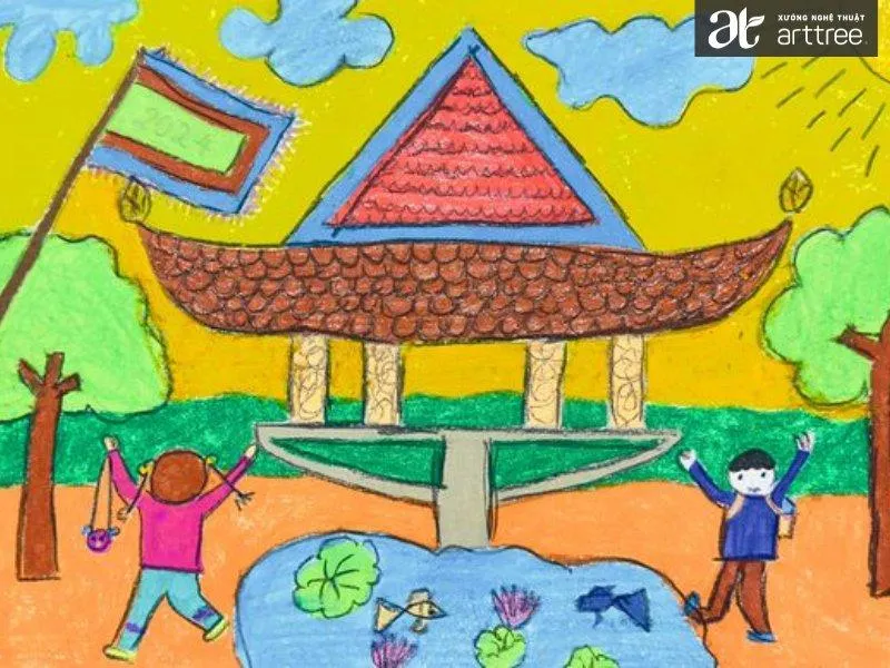 Tranh vẽ cảnh múa lân sư rồng trong lễ hội Tết, thể hiện sự náo nhiệt