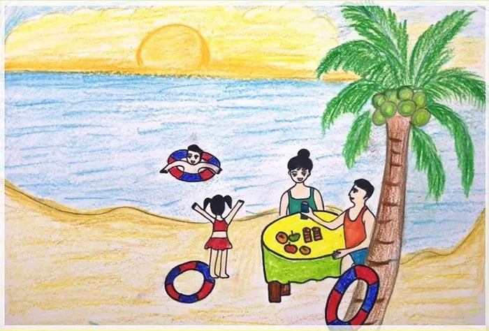 Gia đình đi picnic và ngắm mặt trời mọc trên biển