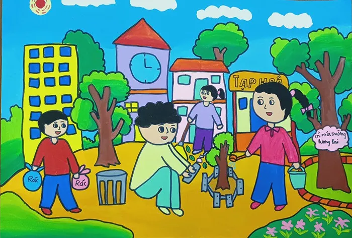 Trẻ em dọn dẹp vệ sinh khu phố