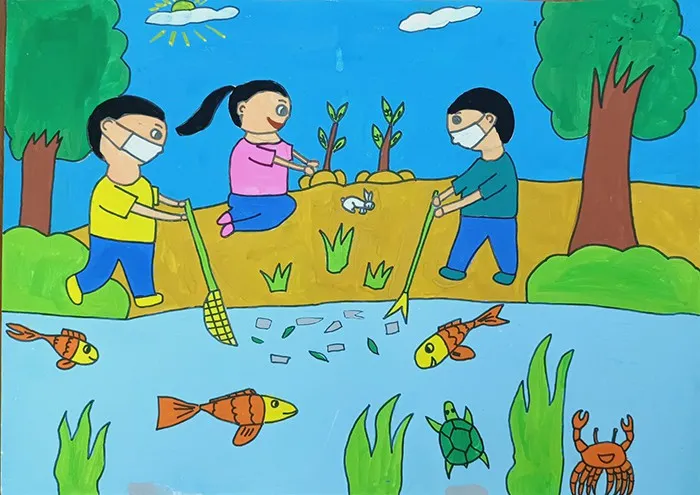 Trẻ em trồng cây và dọn rác ao tù