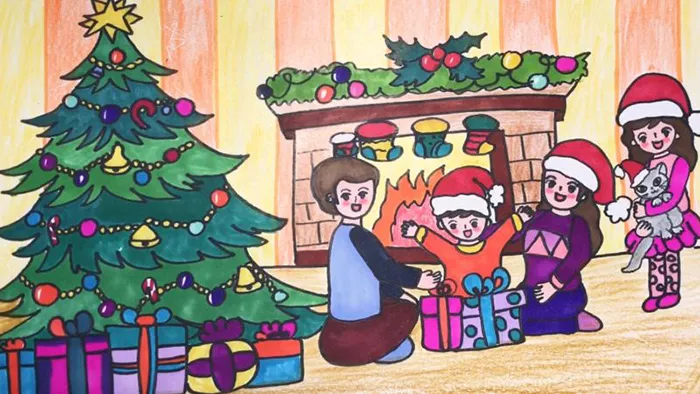 Tranh vẽ gia đình nhỏ cùng nhau trang trí cây thông Noel