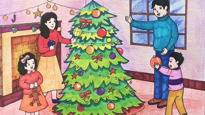 Mẫu vẽ tranh Giáng sinh đơn giản về hoạt động trang trí cây thông