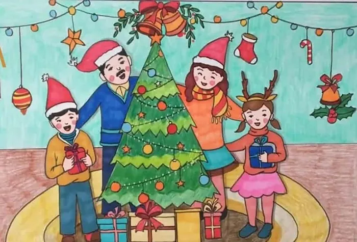 Bức tranh Noel chủ đề gia đình sum vầy bên cây thông ấm áp
