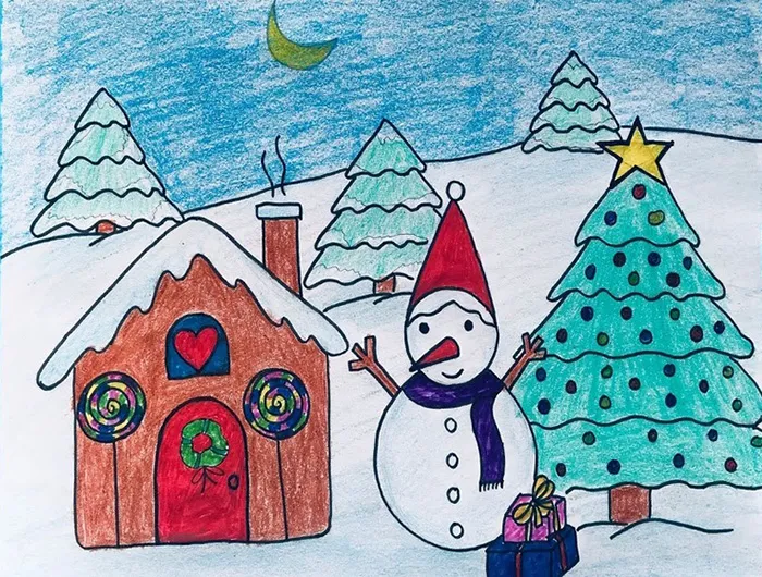 Mẫu tranh Noel đơn giản cho bé vẽ về gia đình và cây thông