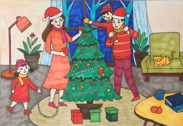 Bức tranh Noel đơn giản về cảnh gia đình trong đêm Giáng sinh