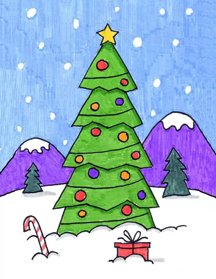 Gợi ý tranh vẽ cây thông Noel và gia đình cho bé