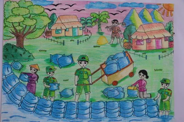 Tranh vẽ thể hiện cảnh người dân đang sơ tán trong bão lũ