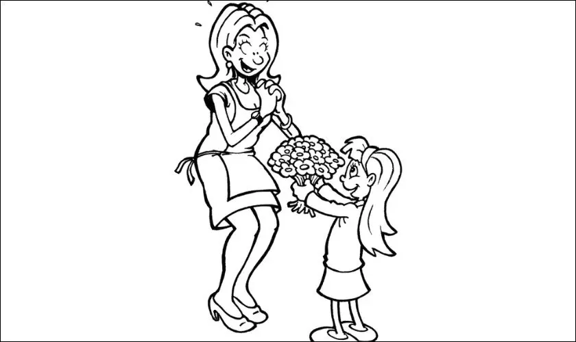 Tranh tô màu bé gái tặng hoa cho mẹ