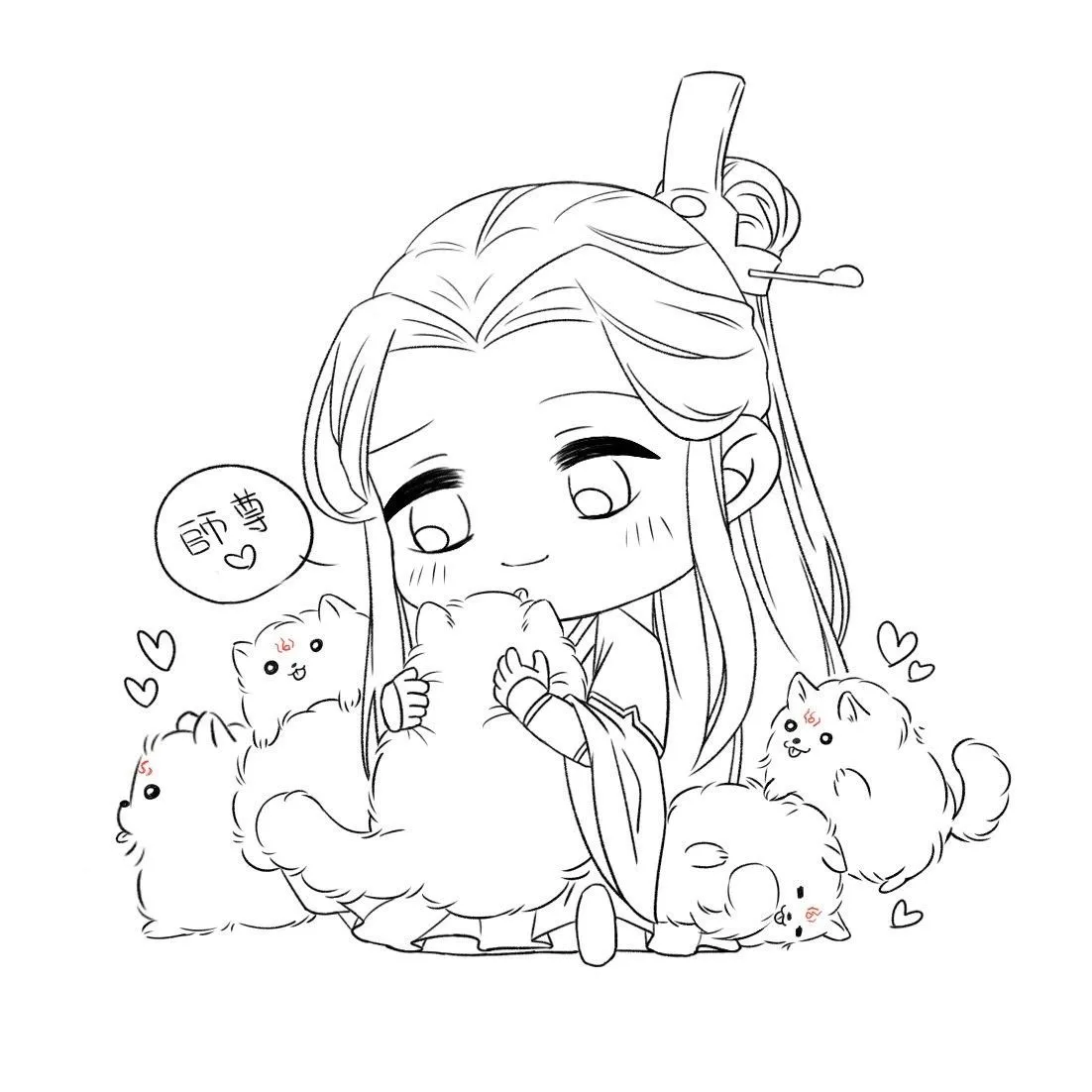 Tranh tô màu anime cổ trang độc đáo cùng thú cưng