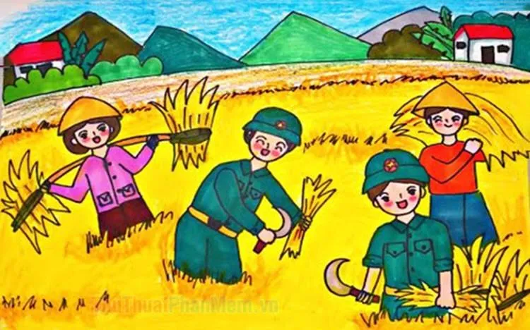 Tranh vẽ cảnh sinh hoạt nông thôn Việt Nam với màu sắc ấm áp của đồng lúa chín và người nông dân