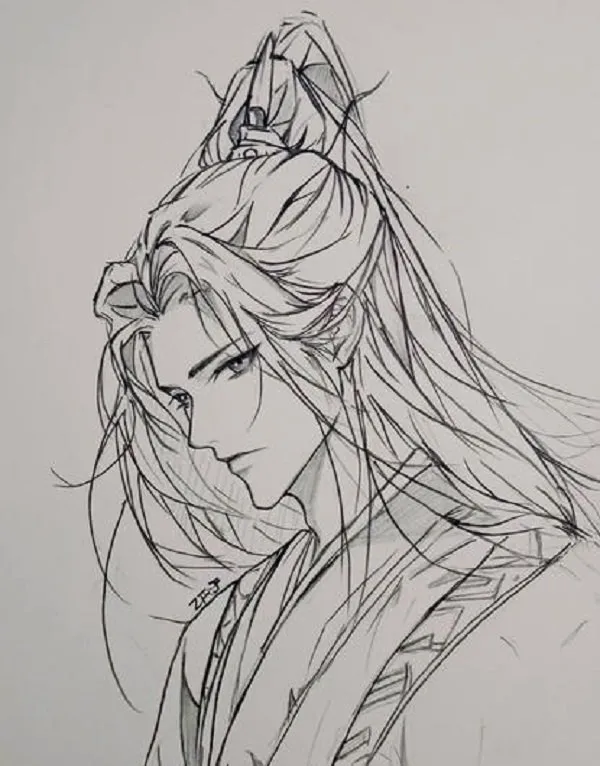 Hình vẽ cô gái anime cổ trang tóc dài bay trong gió, bối cảnh thiên nhiên