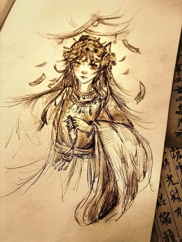 Hình vẽ cô gái anime cổ trang Việt Nam với nón lá duyên dáng