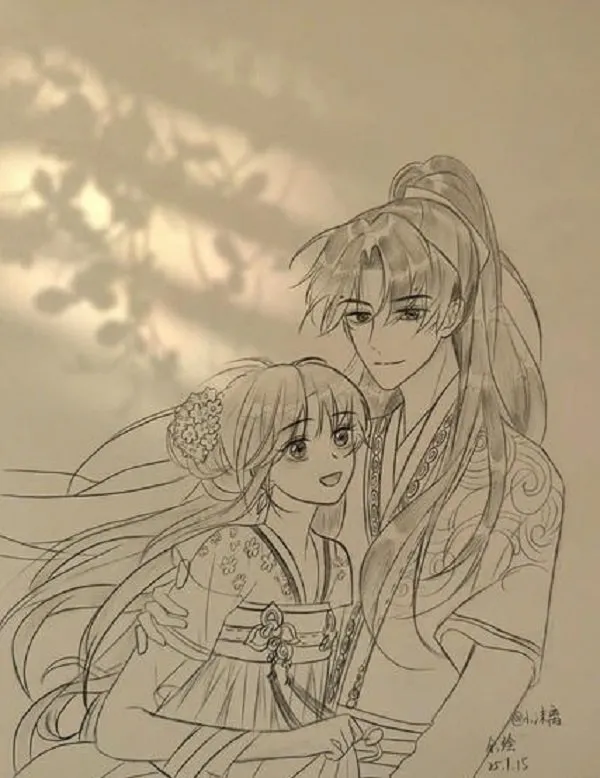 Hình vẽ cặp đôi anime cổ trang tình nhân dưới ánh trăng đêm