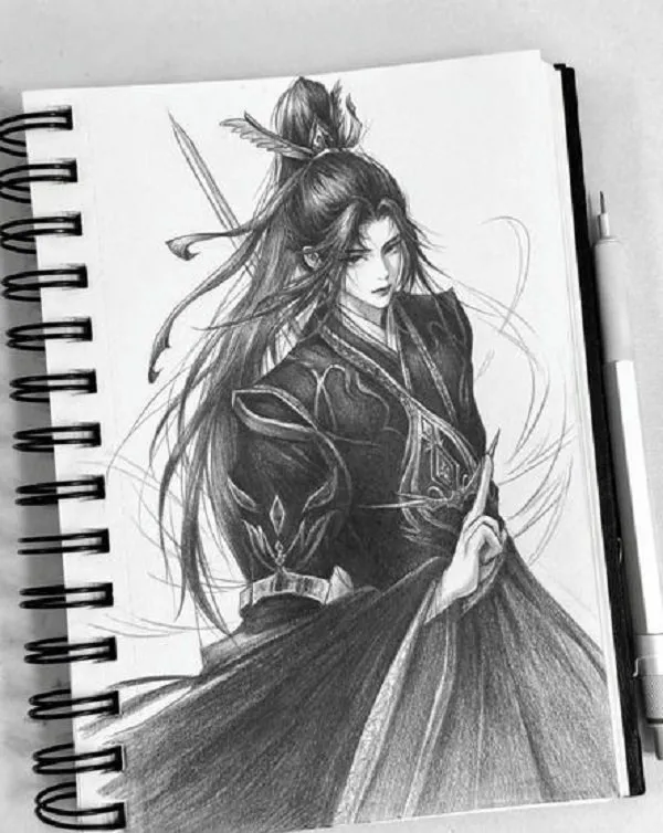 Hình vẽ anime cổ trang với cảnh tuyết rơi, không gian lãng mạn