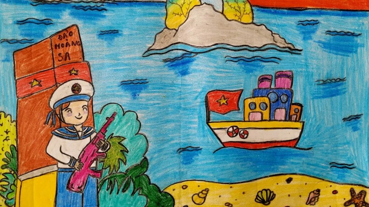 Vẽ tranh biển đảo quê hương đơn giản với cảnh thuyền và mặt trời trên biển