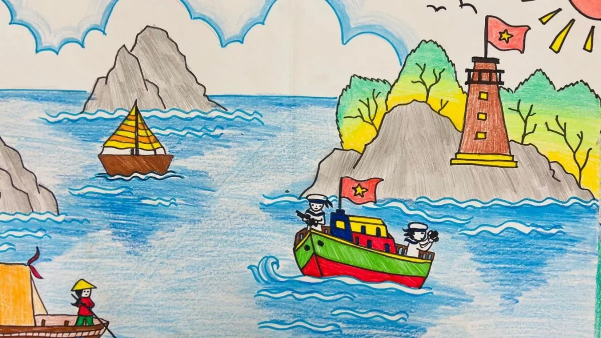 Tranh vẽ biển đảo rực rỡ sắc màu dưới ánh mặt trời, thể hiện vẻ đẹp tươi sáng của quê hương.