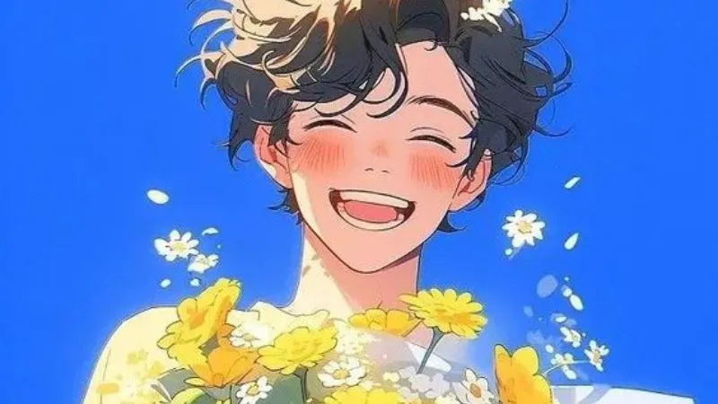 Nhân vật anime nam đơn giản, dễ thương cùng hoa